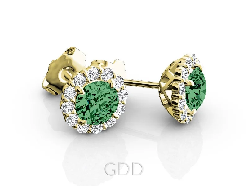 HALO STUD EARRINGS CENTER OF MY LIFE DIAMONDS & CENTER GREEN EMERALD GEM STONE 14K YELLOW GOLD