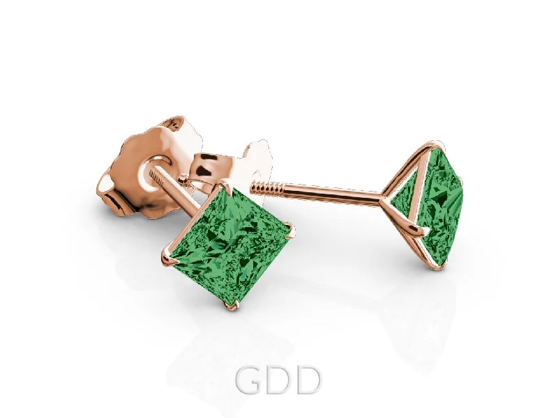 EARRINGSFINE 18K ROSE GOLD PRINCESS CUT GREEN EMERALD STUD EARRINGS EAGLE PRONG SETTING