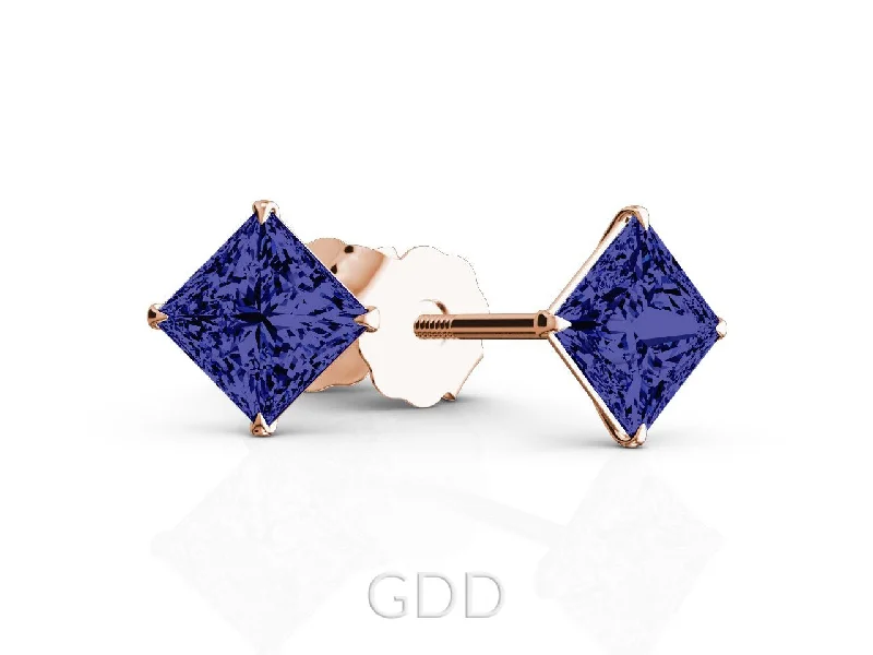 FINE 18K ROSE GOLD PRINCESS CUT SAPPHIRE STUD EARRINGS EAGLE PRONG SETTING