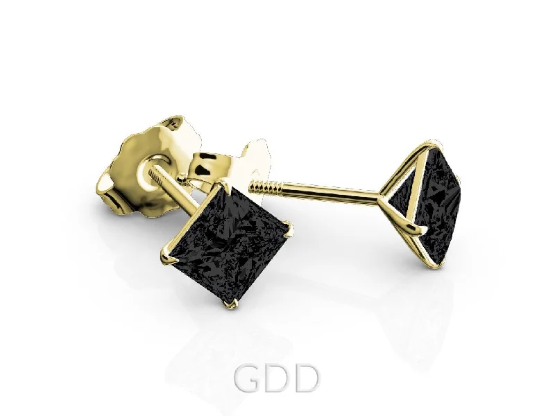 FINE 18K ROSE GOLD PRINCESS CUT BLACK DIAMONDS STUD EARRINGS EAGLE PRONG SETTING