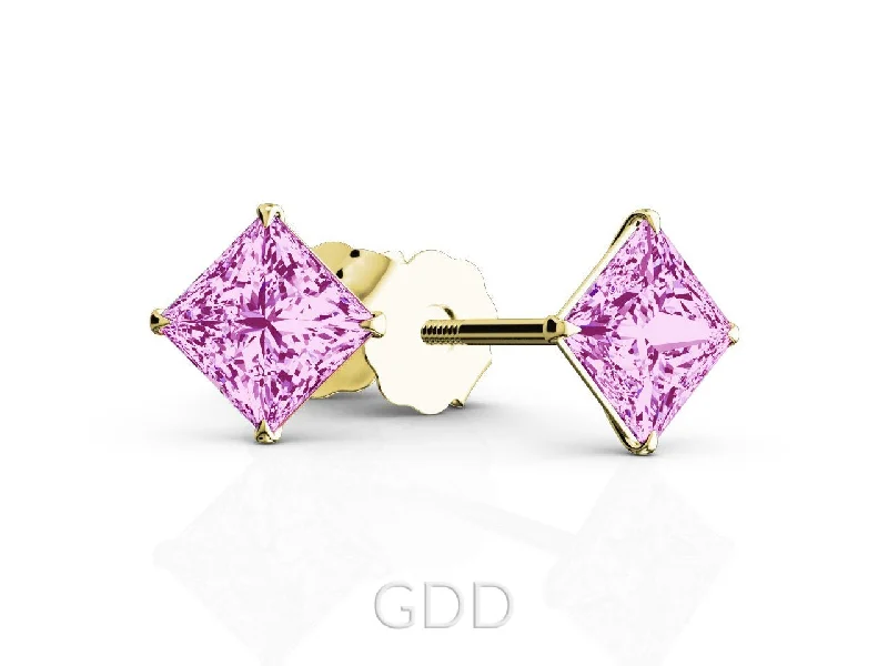 FINE 18K ROSE GOLD PRINCESS CUT PINK SAPPHIRE STUD EARRINGS EAGLE PRONG SETTING