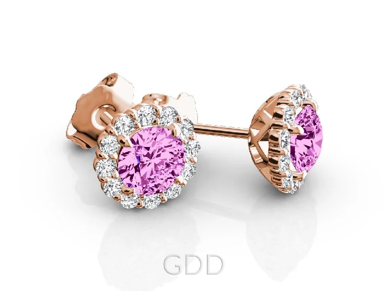 HALO STUD EARRINGS DIAMONDS & CENTER PINK SAPPHIRE GEM STONE 14K ROSE GOLD