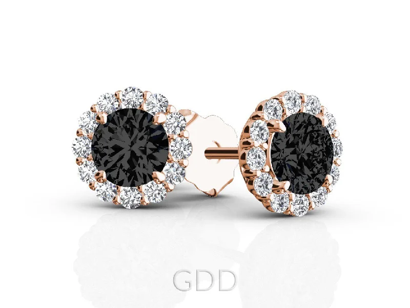 HALO STUD EARRINGS CENTER OF MY LIFE BLACK & WHITE DIAMONDS 14K ROSE GOLD