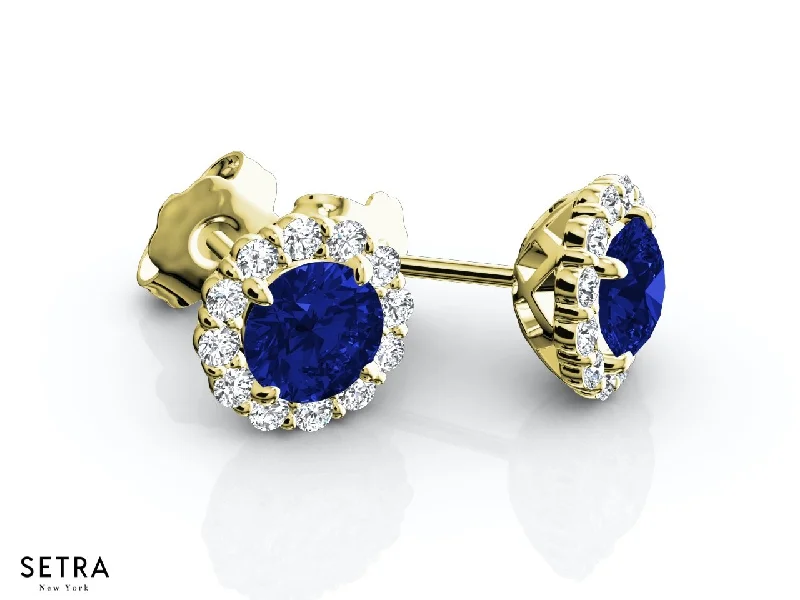 CENTER OF MY LIFE DIAMONDS & SAPPHIRE HALO STUD EARRINGS 14K GOLD