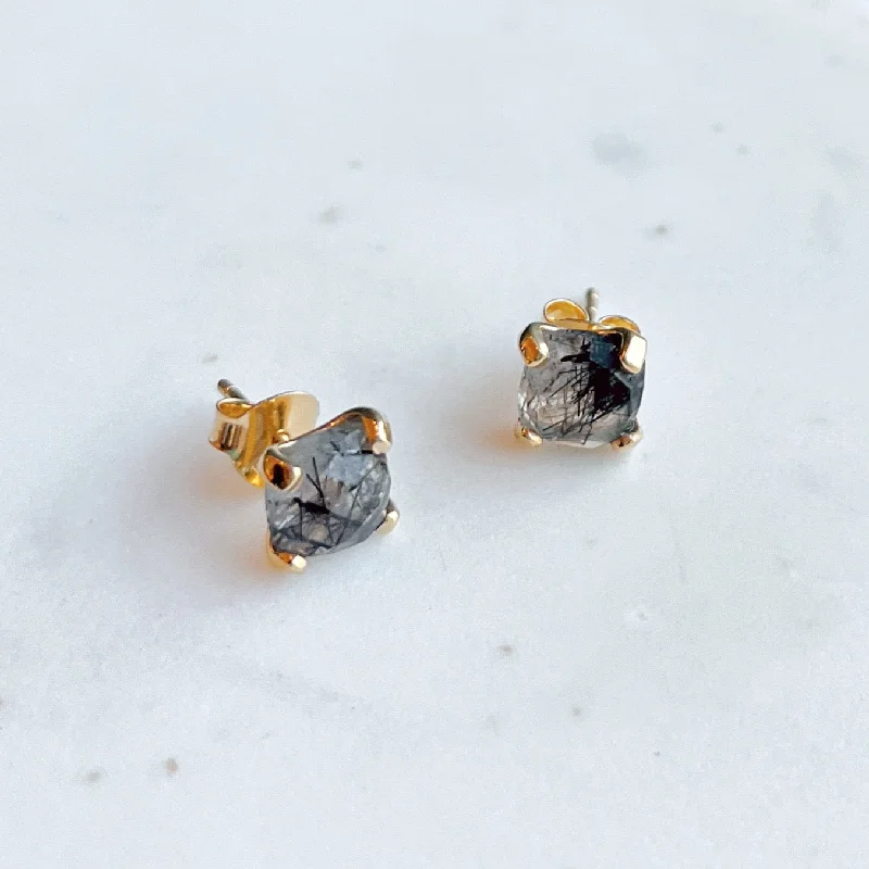 Gemstone Cushion Stud Earrings: Rutilated quartz