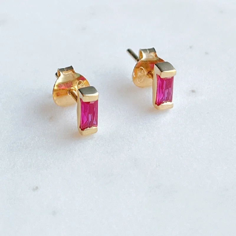 Gold Baguette Stone Stud Earrings: Ruby