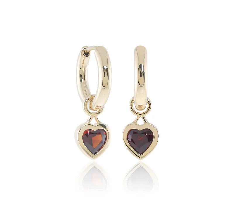 Garnet Heart Charm Hoop Earrings