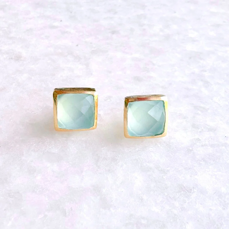 Square Gold Stone Stud Earrings: Aqua blue chalcedony