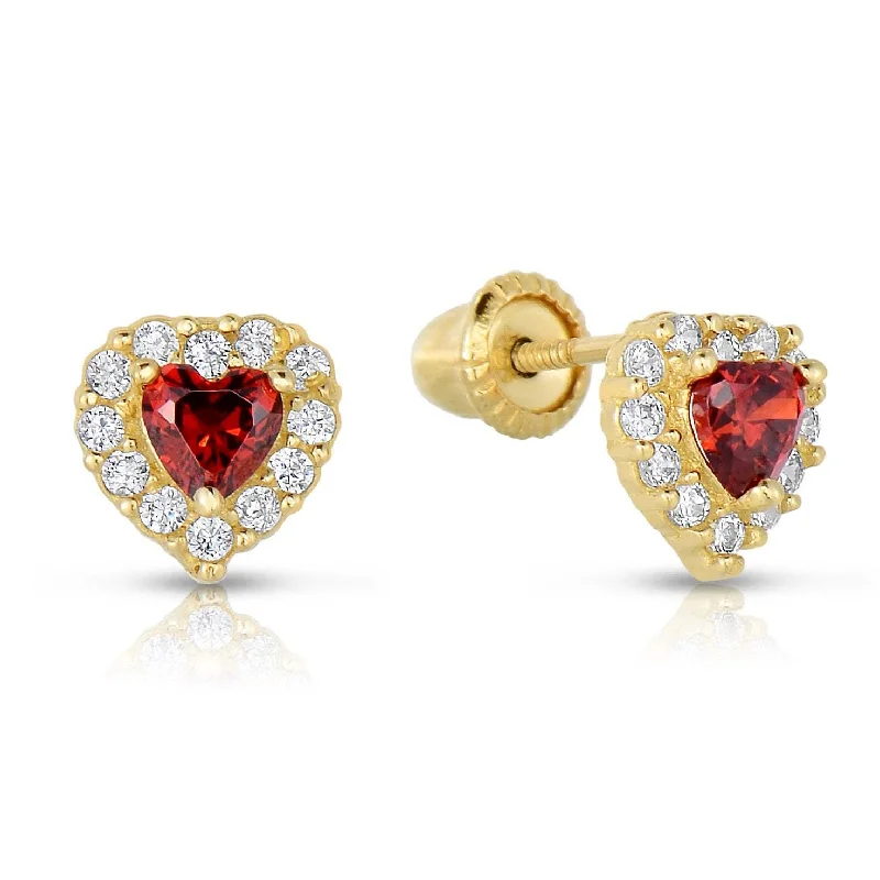 14k Yellow Gold Halo Heart Birthstone Stud Earrings, With Secure Screwbacks, Available in 12 Colors