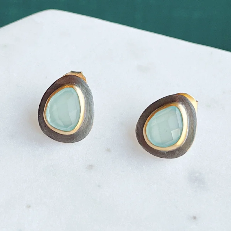 Black & Gold Teardrop Stud Earrings: Blue Chalcedony