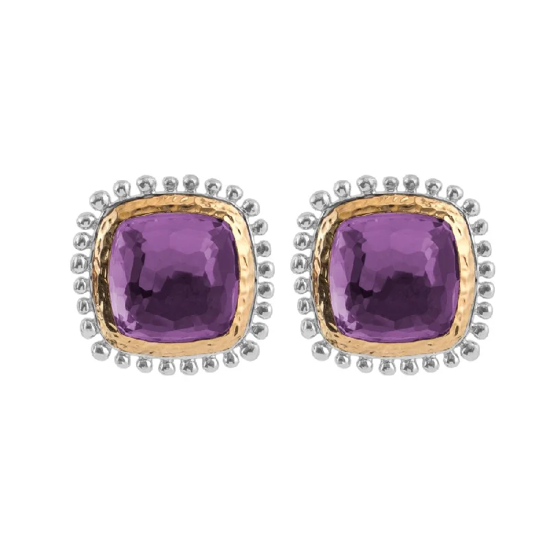 Molten 12mm Cushion Earrings w/ Amethyst in 18K Yellow Gold & Sterling Silver