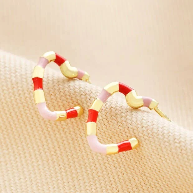 Pink and Red Enamel Striped Heart Gold Huggie Hoop Earrings