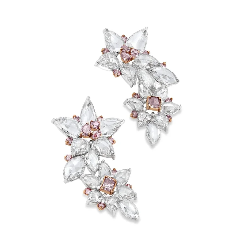 PINK AND WHITE DIAMOND FLOWER EAR CLIMBERS