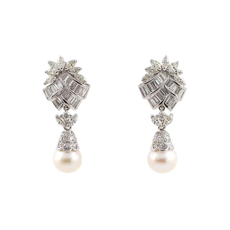 Diamond Spray & Pearl Drop Dangle Earrings