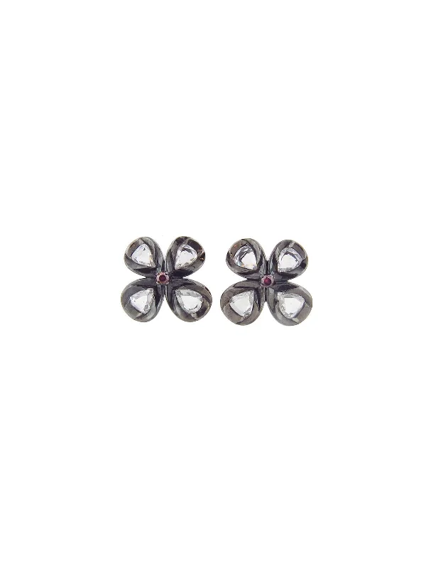 Rose Cut Flower Button Blackened Yellow Gold Stud Earrings