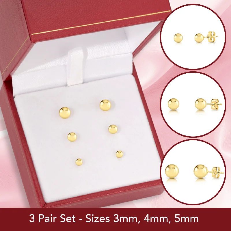 Set of 3! 14k Gold Ball Stud Earrings, Pushback (Unisex)