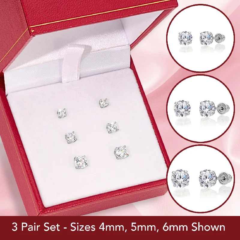 Bundle Set of 3! 14k White Gold Classic Solitaire Stud Earrings, Screw Backings (Unisex)