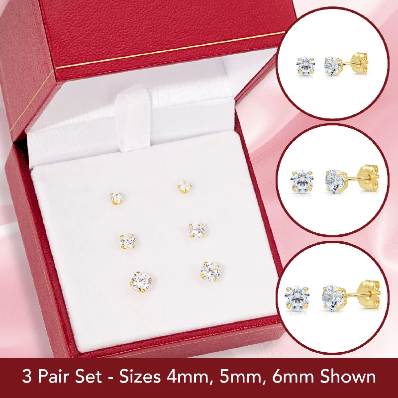 Bundle Set of 3! 14k Yellow Gold Solitaire Stud Earrings, Pushback Sleeper Studs, Unisex