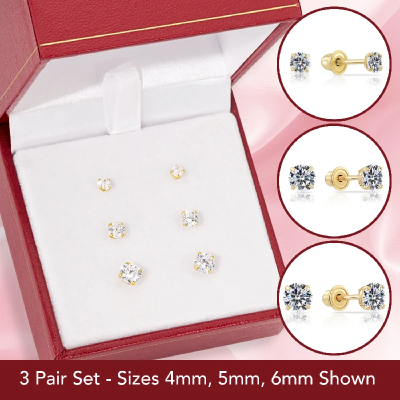 Bundle Set of 3! 14k Gold Classic Solitaire Stud Earrings, Screw-back