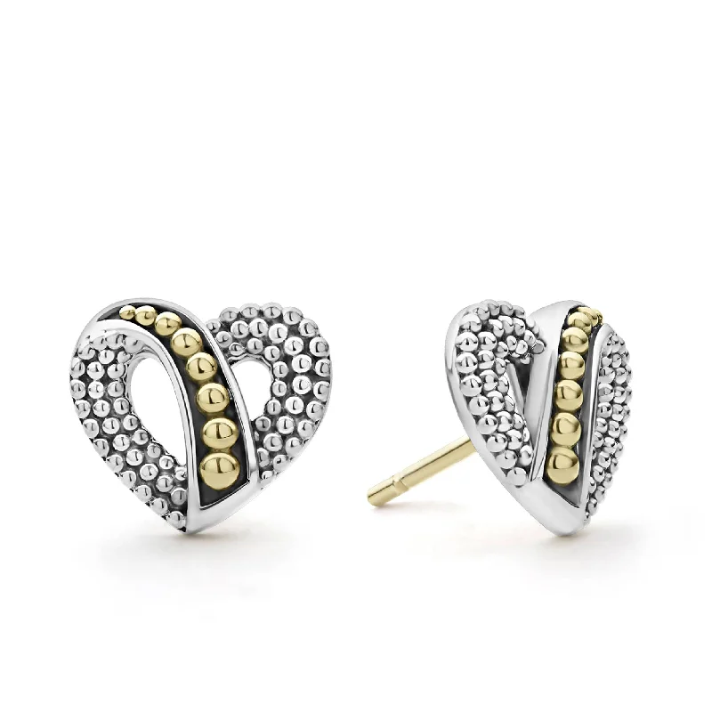 Signature Caviar Two-Tone Beaded Heart Stud Earrings