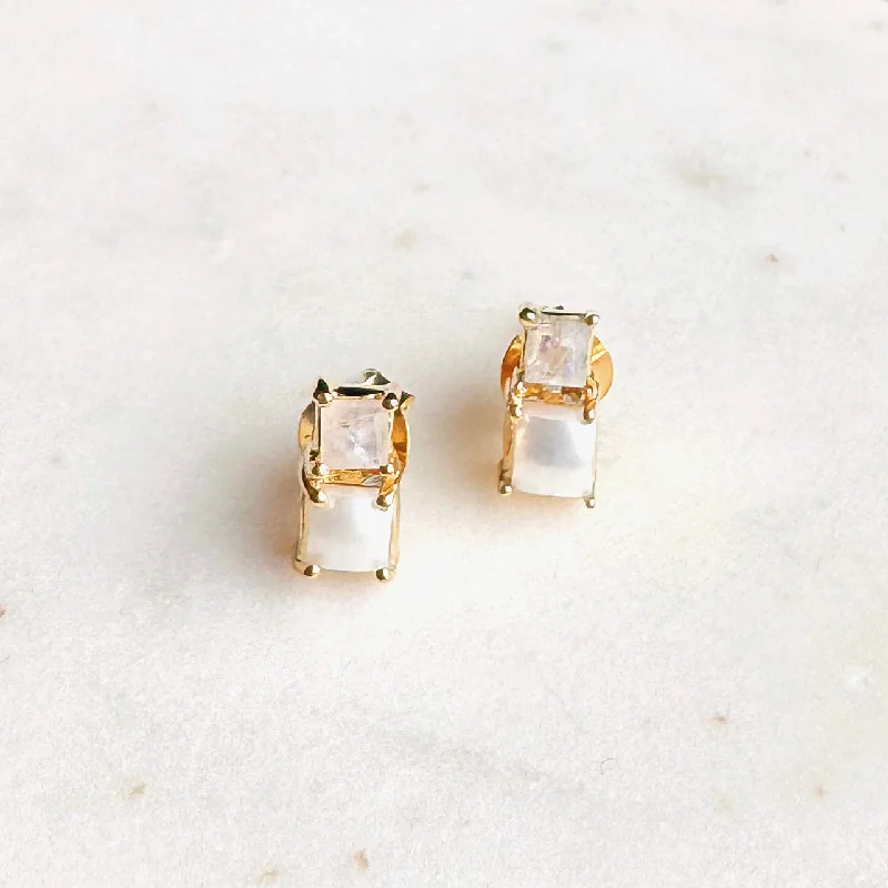 Small Stacked Gemstone Stud Earrings: moonstone + pearl