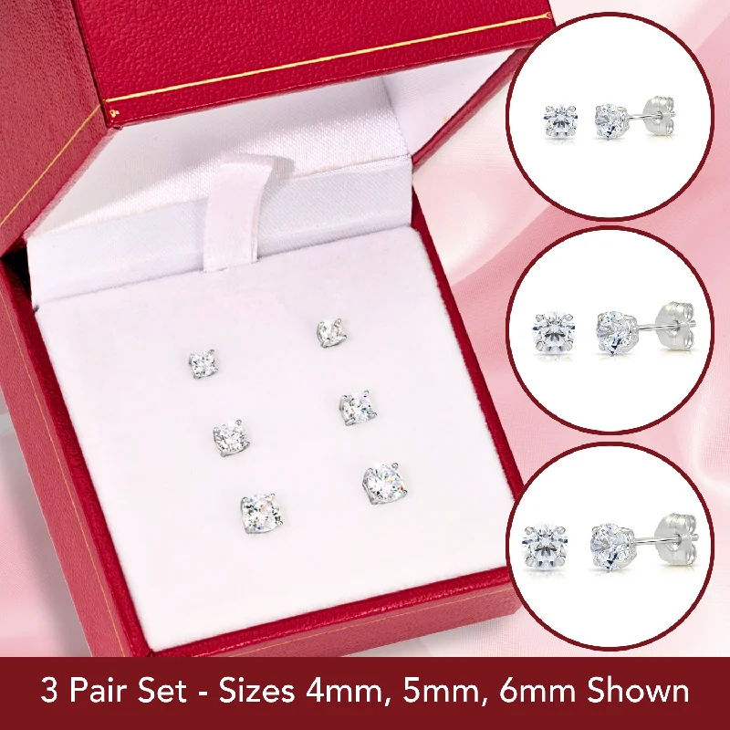 Bundle Set of 3! 14k White Gold Classic Solitaire Stud Earrings, Pushback (Unisex)