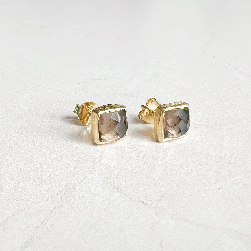 Square Gold Gemstone Stud Earrings: Smoky Quartz