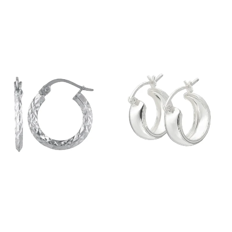 Sterling Silver 2X18MM and 6X12MM 2-Pair Hoop Earrings Set