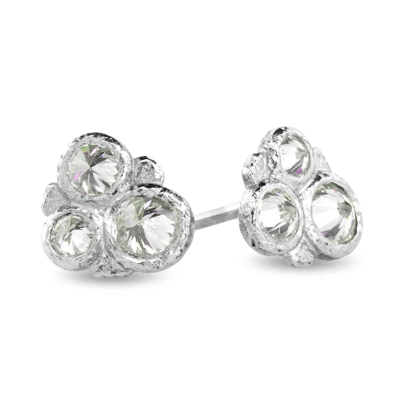 Three Stone Cluster Diamond Stud Earrings in white gold