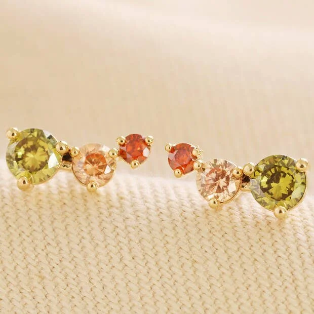 Triple Crystal Gold Stud Earrings