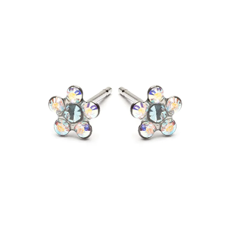 Stainless Steel Aurora Borealis And Aqua Daisy Stud Earrings