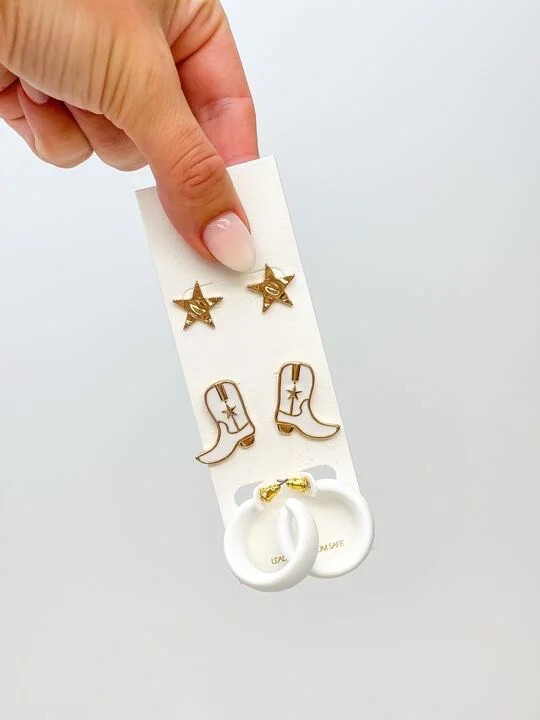 Cowboy Boot Enamel Earrings Set of 3 - White