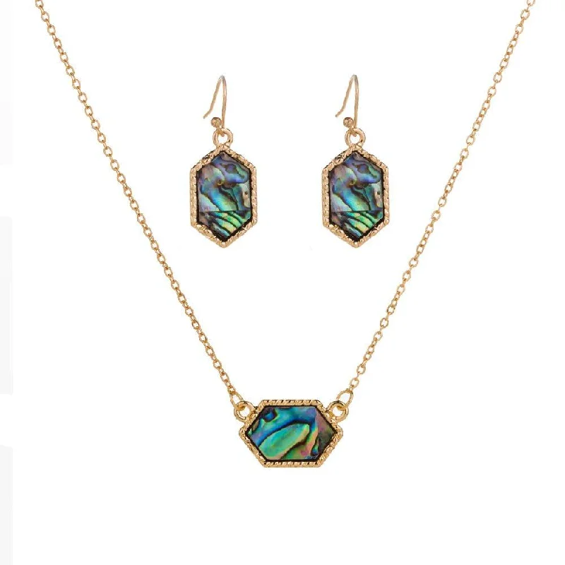 Gold Hexagon Abalone Necklace and Abalone Earrings Set For Women