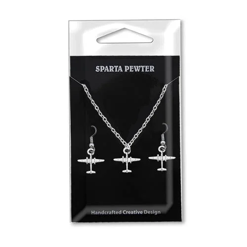 WWII North American Aviation B-25 Mitchell Bomber Pewter Airplane Necklace & Earrings Set