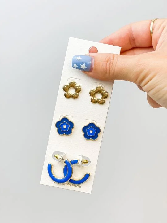 Simple Enamel Flower Earrings Set - Blue