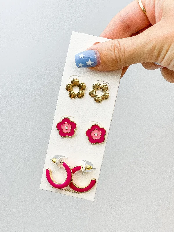 Simple Enamel Flower Earrings Set - Pink