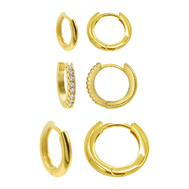 14k Gold Plated 3-Huggie Hoop Earrings Set With 1-Crystal Hoop