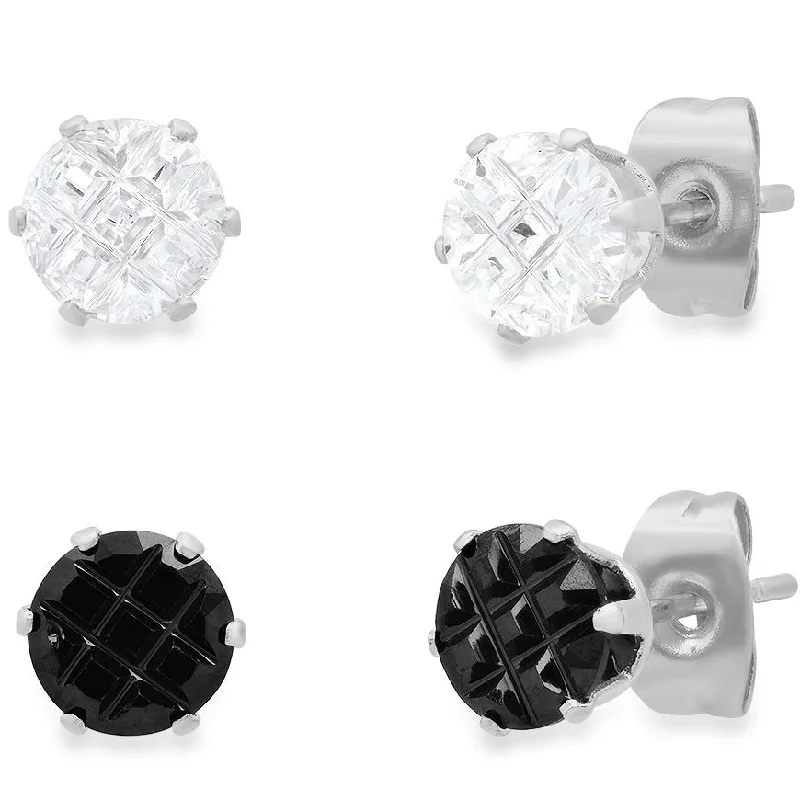 2-Pair: Stainless Steel Cubic Zirconia Diamond Cut Stud Earrings Set