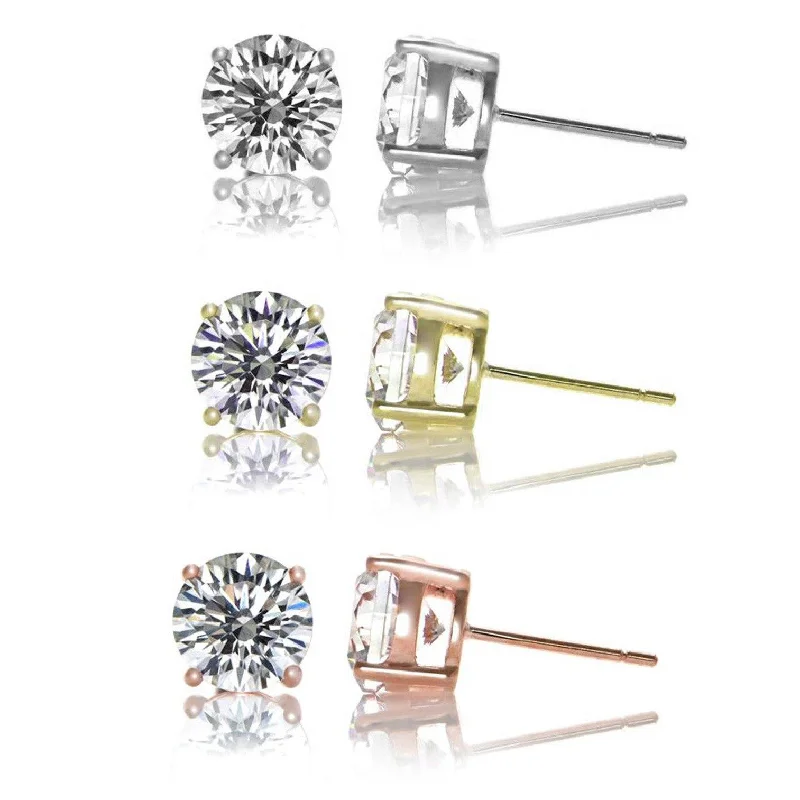 3-Pair: Sterling Silver Cubic Zirconia Stud Earrings Set