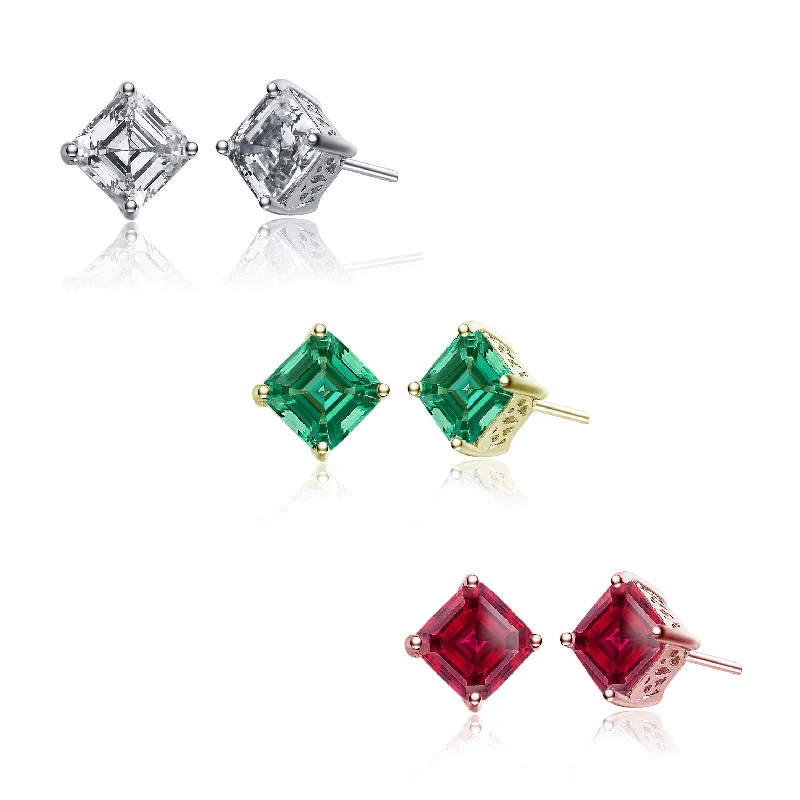 3-Pairs: Sterling Silver Cubic Zirconia Square Stud Earrings Set