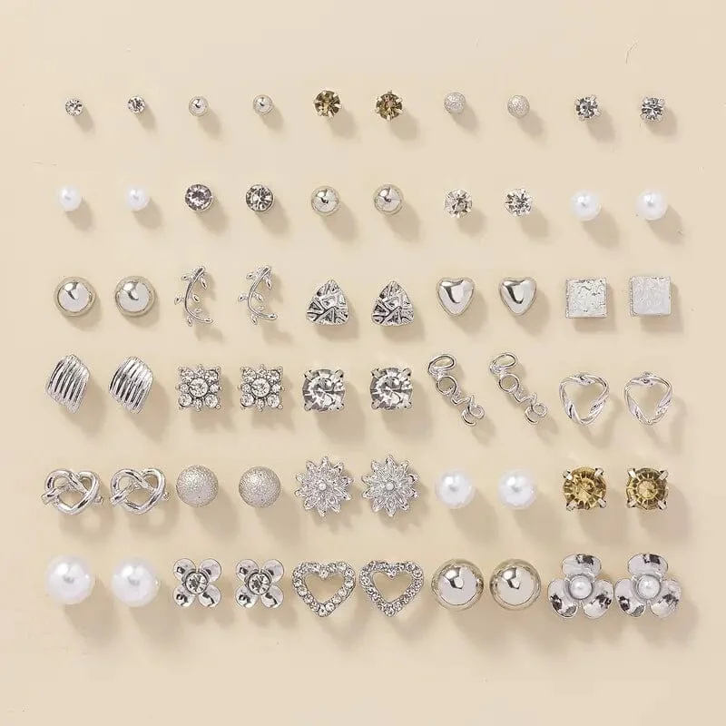 30-Pairs: Alloy Full Rhinestones Love Round Faux Pearl Letter Stud Earrings Set