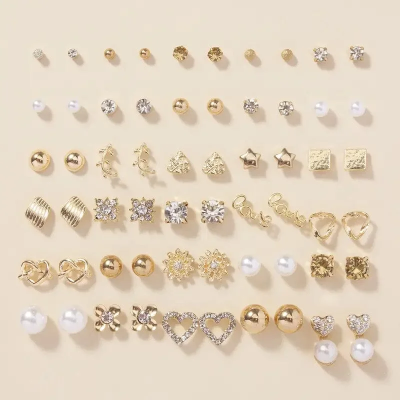 30-Pairs: Alloy Full Rhinestones Love Round Faux Pearl Letter Stud Earrings Set