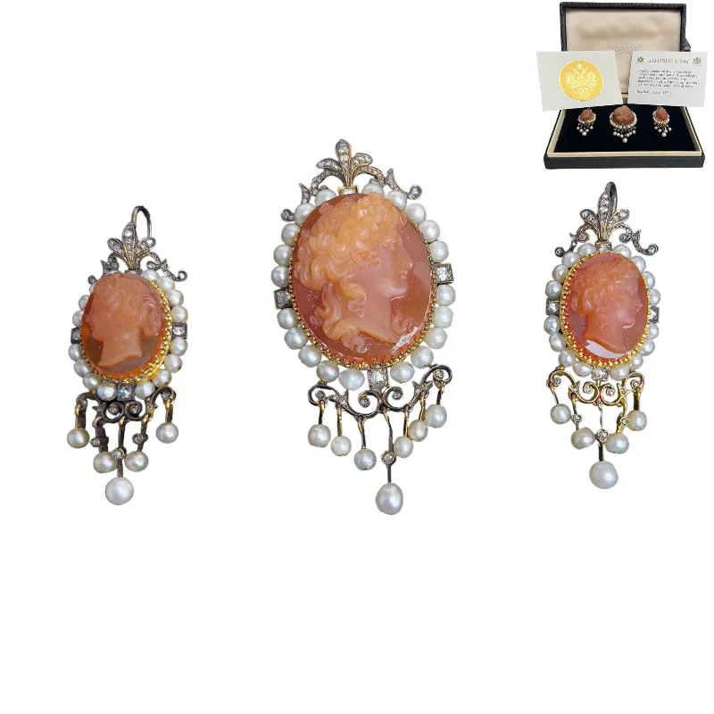 A La Vieille Russie Agate Cameo Gold & Silver Diamond Pearl Pendant Earrings Set