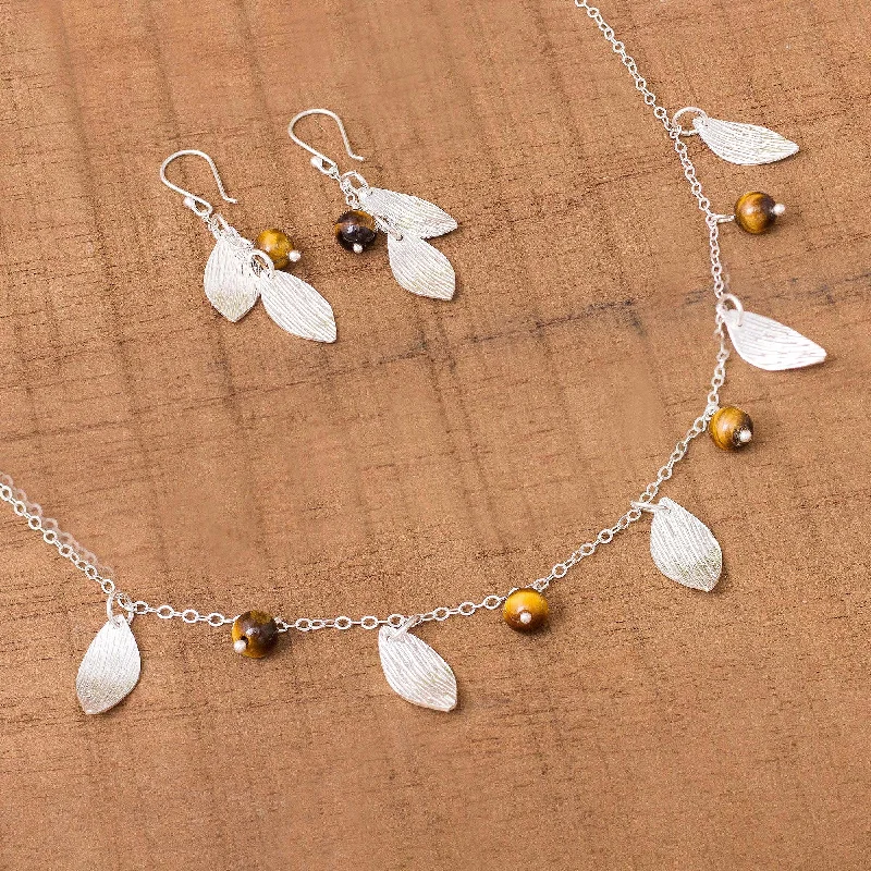 Acorns and Leaves Sterling Silver Leaves Tiger's Eye Necklace and Earrings Set