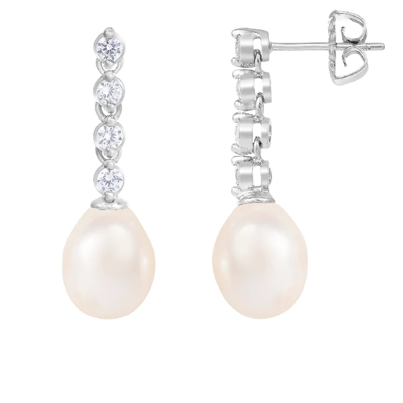 Bezel CZ Pearl Dangling Earrings Set In Sterling Silver