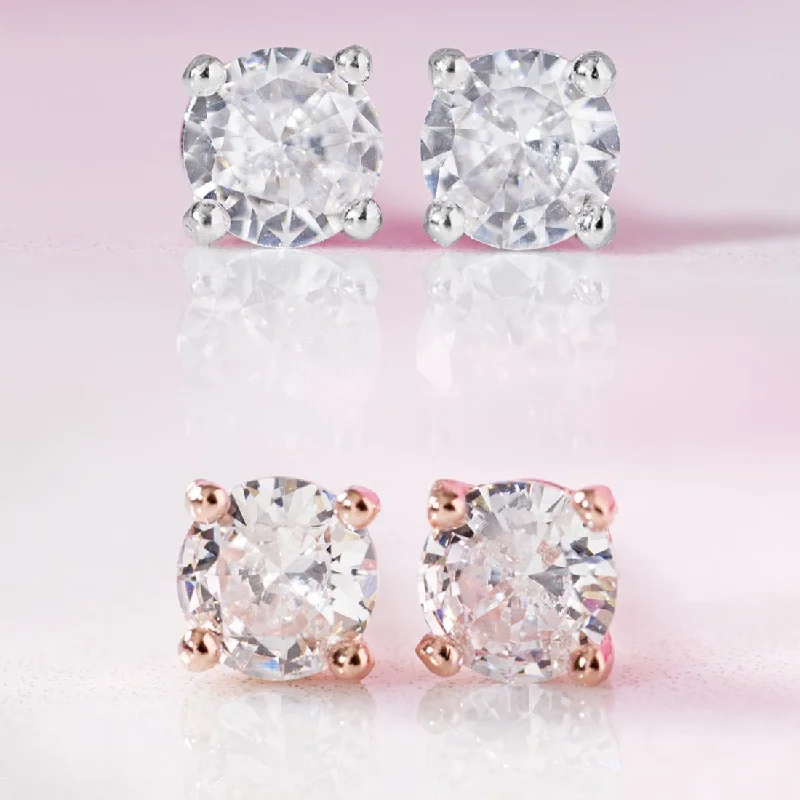 Classic Solitaire Rhodium-Plated & Rose Gold-Plated Earrings Set