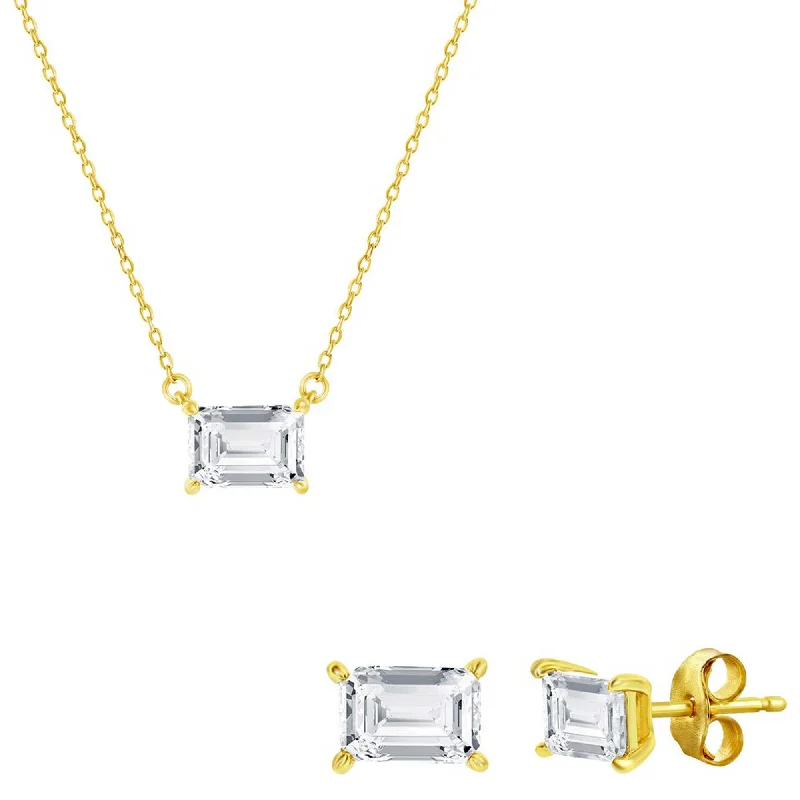 Classic Women's Necklace and Earrings Set - Gold Solitaire Rectangle CZ | SET-609