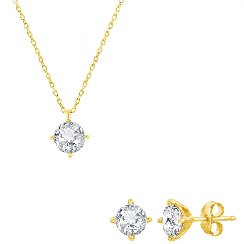 Classic Women's Necklace and Earrings Set - Gold Solitaire Round White CZ | SET-620