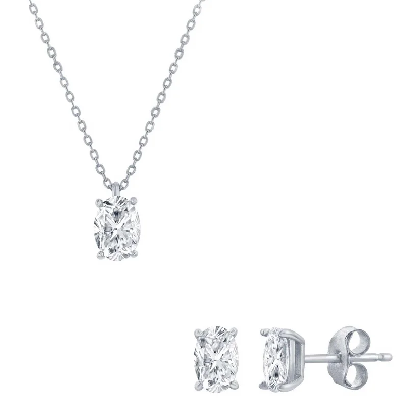 Classic Women's Necklace and Earrings Set - Silver Solitaire Oval White CZ | SET-618