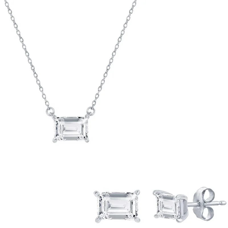 Classic Women's Necklace and Earrings Set - Silver Solitaire Rectangle CZ | SET-610